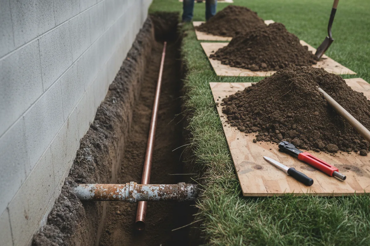 Excavated water line trench during Water Softener Installation in Attleboro Falls